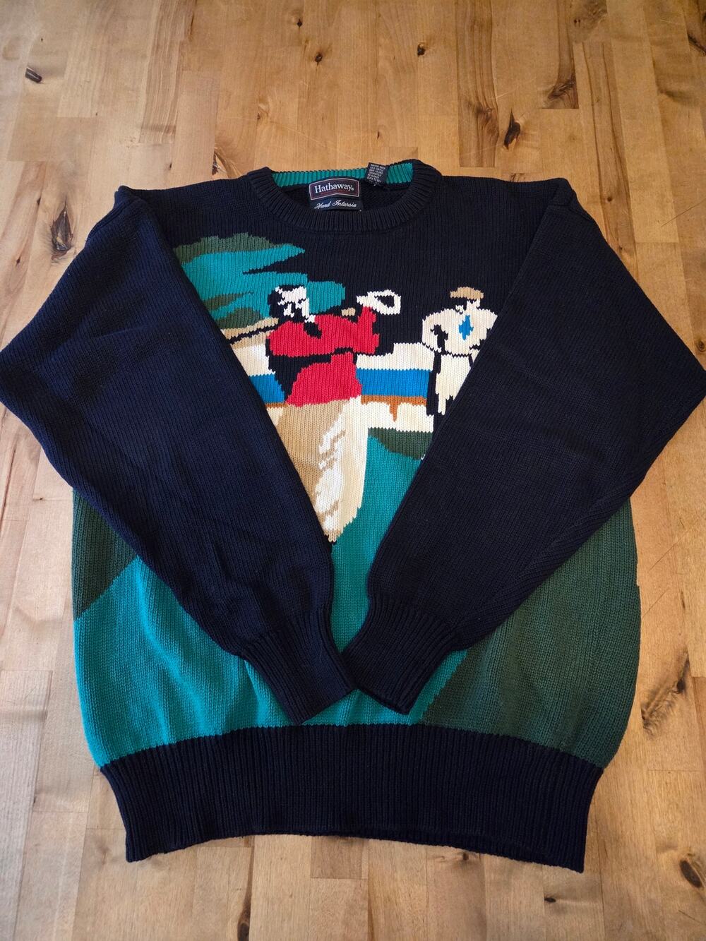 Vintage Hathaway Hand Intarsia Knit Golf Sweater Mens Medium Navy Teal Excellent